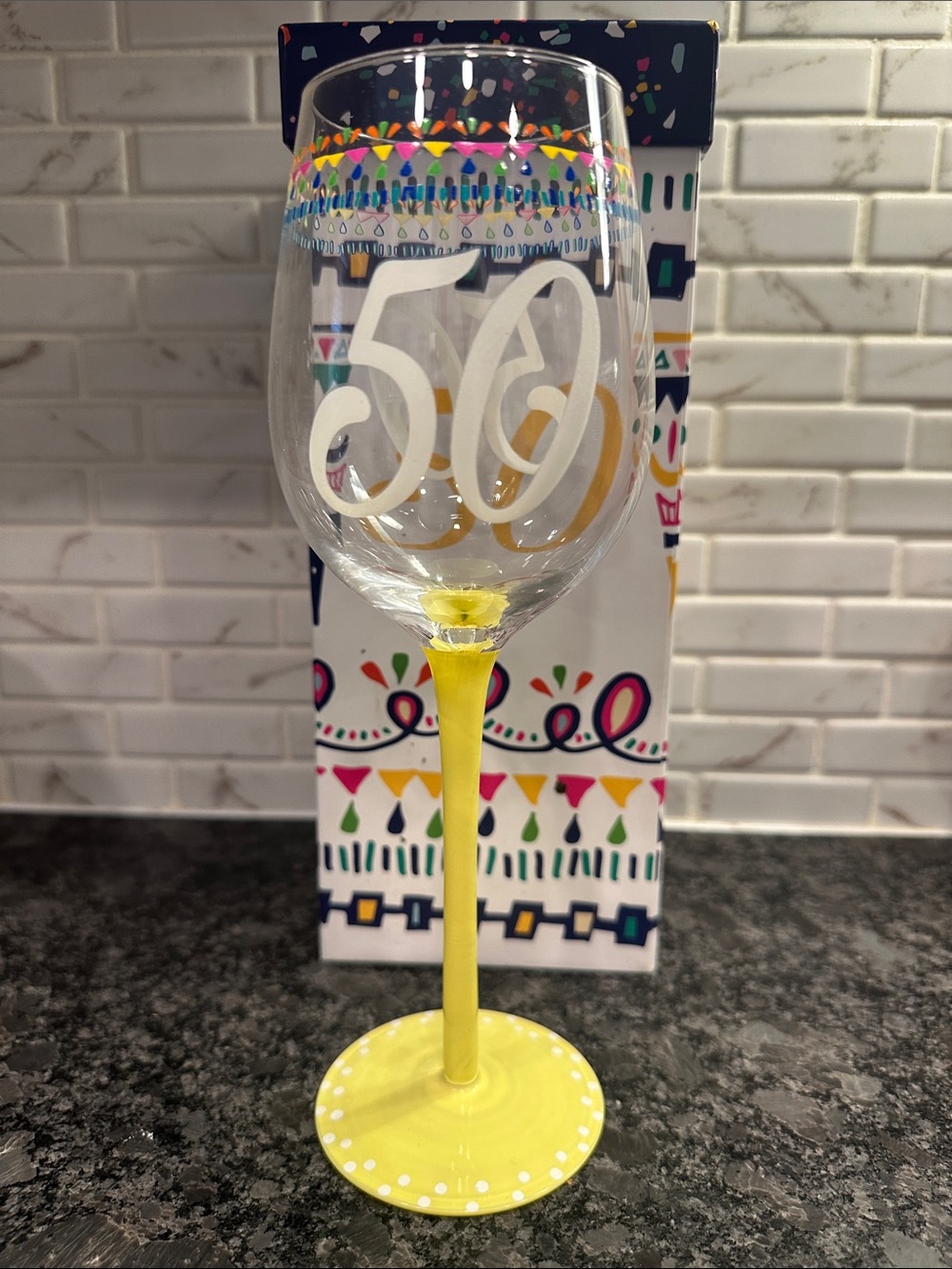Refresh Confetti 50th Birthday Wine Glass with Yellow Stem